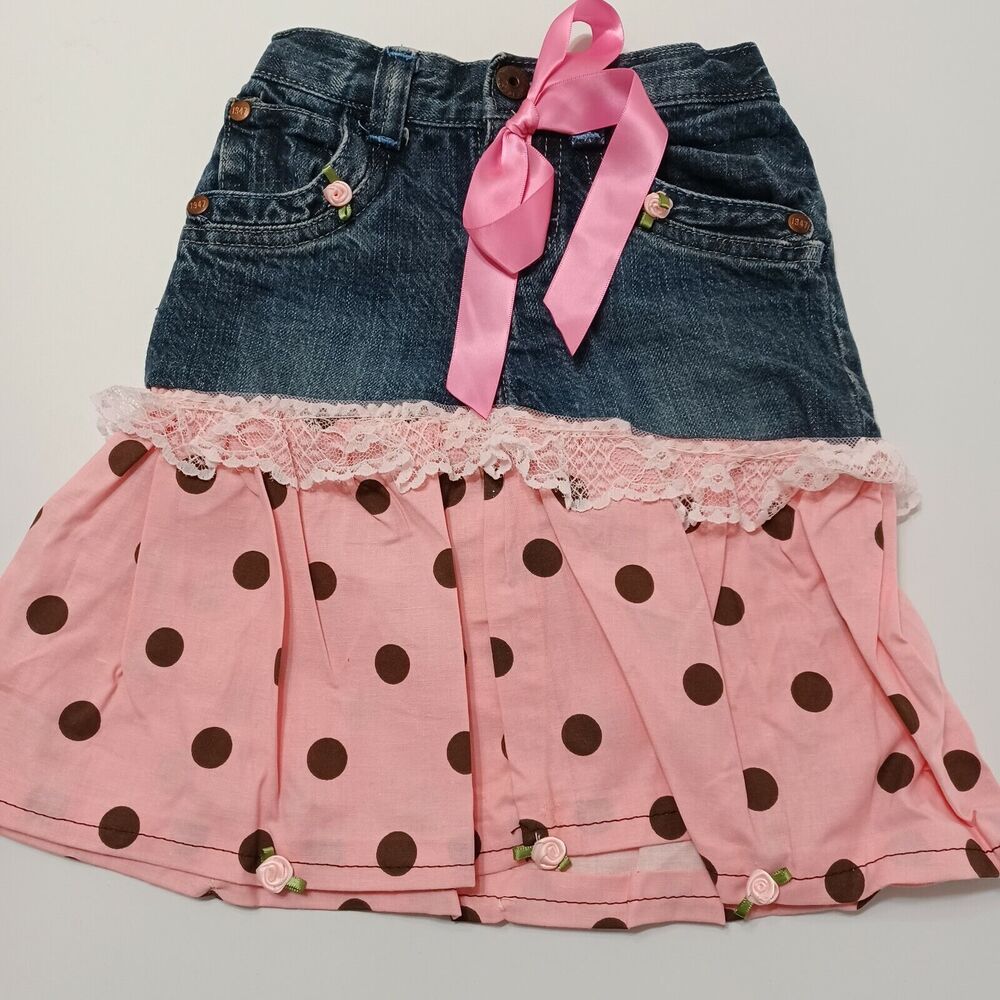 Wrangler Girls 18 M‎ A-Line Denim Skirt Lace Pink Brown Polka Dot Hand Made Bow